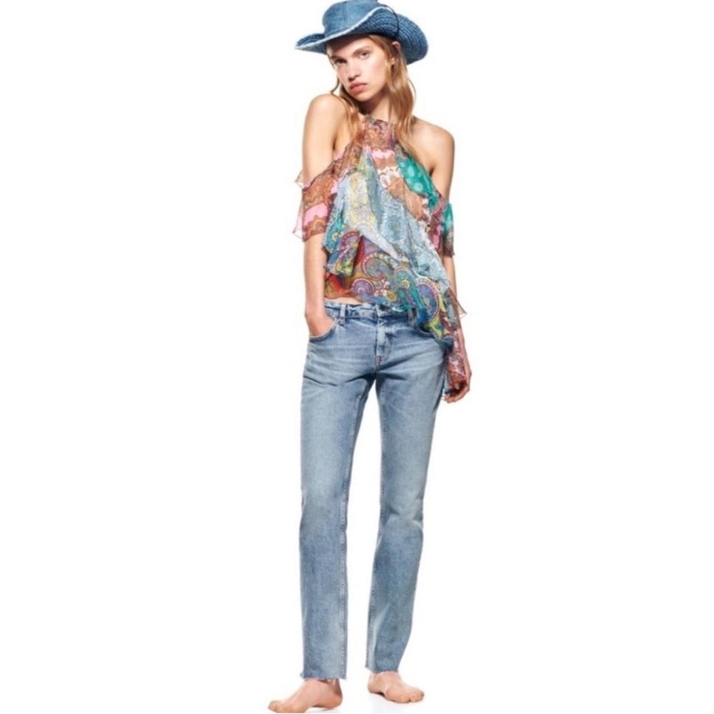 Zara ruffled patchwork flowy top with metallic an… - image 3